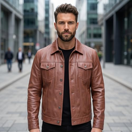 Image of Mens Leather Jackets - Real Lambskin Trucker Style Vintage Leather Jacket Men