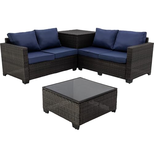 Patio Furniture Sets Outdoor Furniture Wicker Patio Conversation Set Outdoor Sectional for Backyard Lawn Poolside w Cushions and Glass Table (Brown-Dark Blue, X-4pcs)