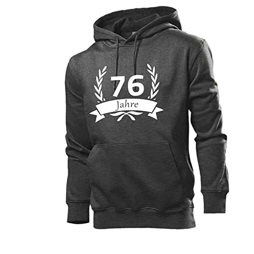 shirt84 Sudadera con capucha para hombre de 76 cumpleaños en corona de laurel, Gris oscuro jaspeado., XXL