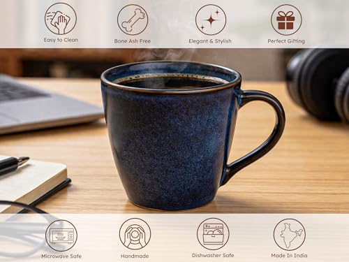 Image of Bodhi House Handcrafted Ceramic Coffee Mug Set of 6 Pieces (350 Ml), Stoneware Tea Cup, Microwave Safe Large Milk Mug, Glossy Finish, Ideal for Daily use, Casual Gatherings and Gifting, Reactive Blue