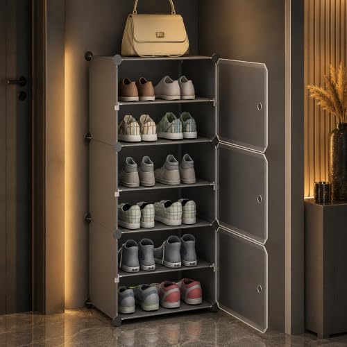 Image of AYSIS Premium Foldable Plastic Shoe Rack for Home, ๐ ๐๐จ๐จ๐ซ ๐ ๐๐ก๐๐ฅ๐ Shoe Cabinet, Dustproof & Waterproof Organizer, Portable Space Saving Storage for Entryway, Bedroom & Living Room, Grey