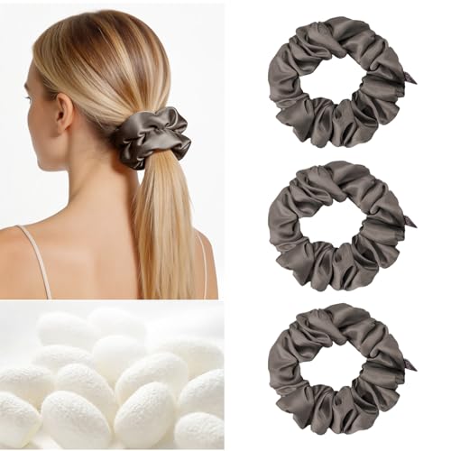 Image of THXSILK 100% Mulberry Silk Chunky Scrunchies 3-Pack, 25 Momme Mulberry Silk Hair Ties for Women, Thick Voluminous No Damage Hair Ties, Ponytail Holders for All Hair Types, Charcoal