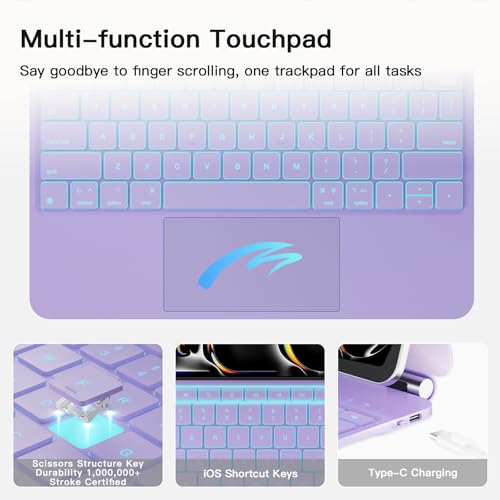 Image of RAYMCRAFT for iPad Pro 13-inch Case with Keyboard (M5 /M4, 2025 /2024), 11-Colors Backlight with Pencil Buckle, Stain-Resistant Surface, Magic Keyboard for iPad Pro 13-inch, Multi-Touch Trackpad, Purple