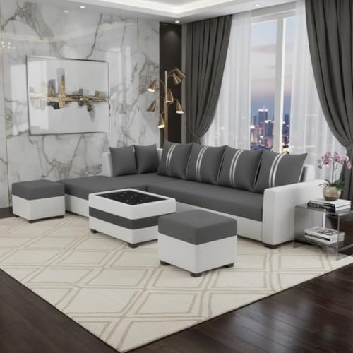 Image of FURNY Stylio 8 Seater Fabric LHS L Shape Sofa Set with 1 Centre Table & 2 Ottoman (Dark Grey-Light Grey) | Premium Velvet Finish | Durable Comfortable Ideal Sofa for Living Room