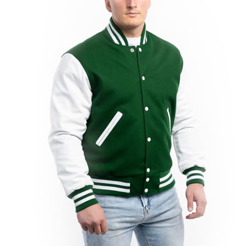 Varsity Base Letterman Jacket (Kelly Green Wool, White Leather, Small)