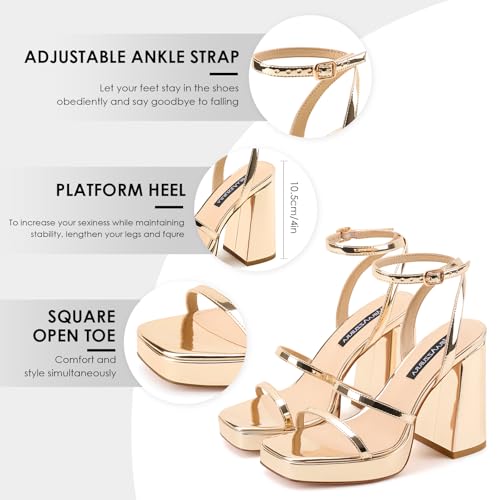 Image of MIRAAZZURRA Platform Strappy Heel Sandals Square Open Toe Two Strap Chunky High Heeled Sandals with Buckle Ankle Strap for Women Party Wedding Dress