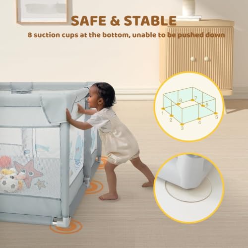 Image of Dawnwake 120 x 120 cm Small Playpen for Baby 6M-3Y, Baby Playard with Anti-Fall Grasp Rings & Safety Lock ((No Mat /No Ball, Non-Foldable)-Grey