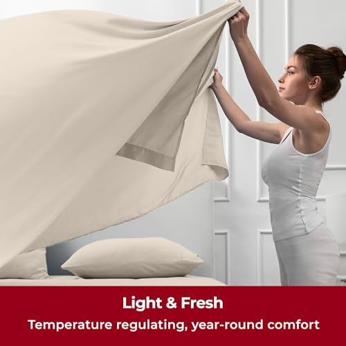 Image of Mellanni Split King Sheets Set - 5 PC Iconic Collection Bedding | Hotel Luxury, Extra Soft, Cooling Bed Sheets - Wrinkle, Fade, Stain Resistant (Split King, Beige)