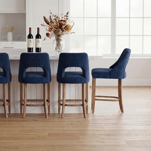 Image of UVV Bar Stools Set of 3, Upholstered Counter Height Bar Stools, Modern Counter Stools with Wood Legs for Kitchen Island Dining Room Bar, Navy Blue