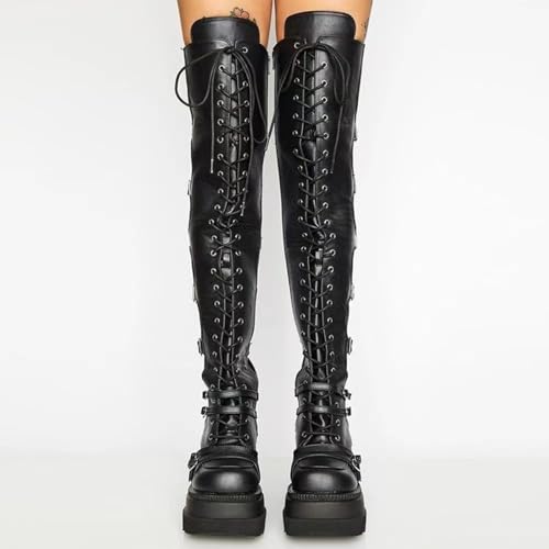 Women's Platform Over the Knee Boots Goth Punk Boots Chunky Heel Motorcycle Boots with Buckles Zip Thigh High Boots4