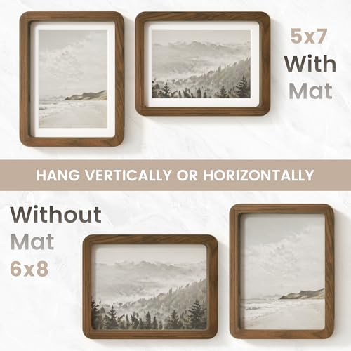 Image of 6x8 Picture Frame, USA-Sourced Natural Walnut Wood Photo Collage Frame with HD Tempered Glass, 6 x 8 Wooden Frame Matted to 5x7, Gallery Wall Frames for Art, Wall or Tabletop Display
