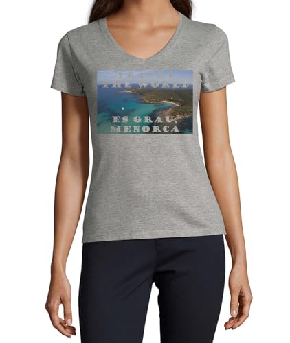 T-shirt à col en V femme Travel The World ES Grau Menorca Gris en coton haut respirant