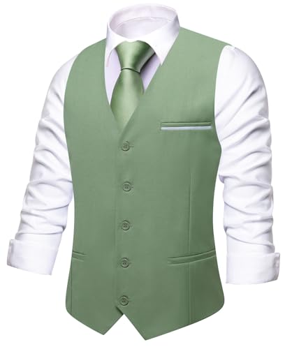 Hi-Tie Men's Formal Suit Vest Solid Fit Vest for Men 3 Pockets V Neck Waistcoat Business Wedding Casual
