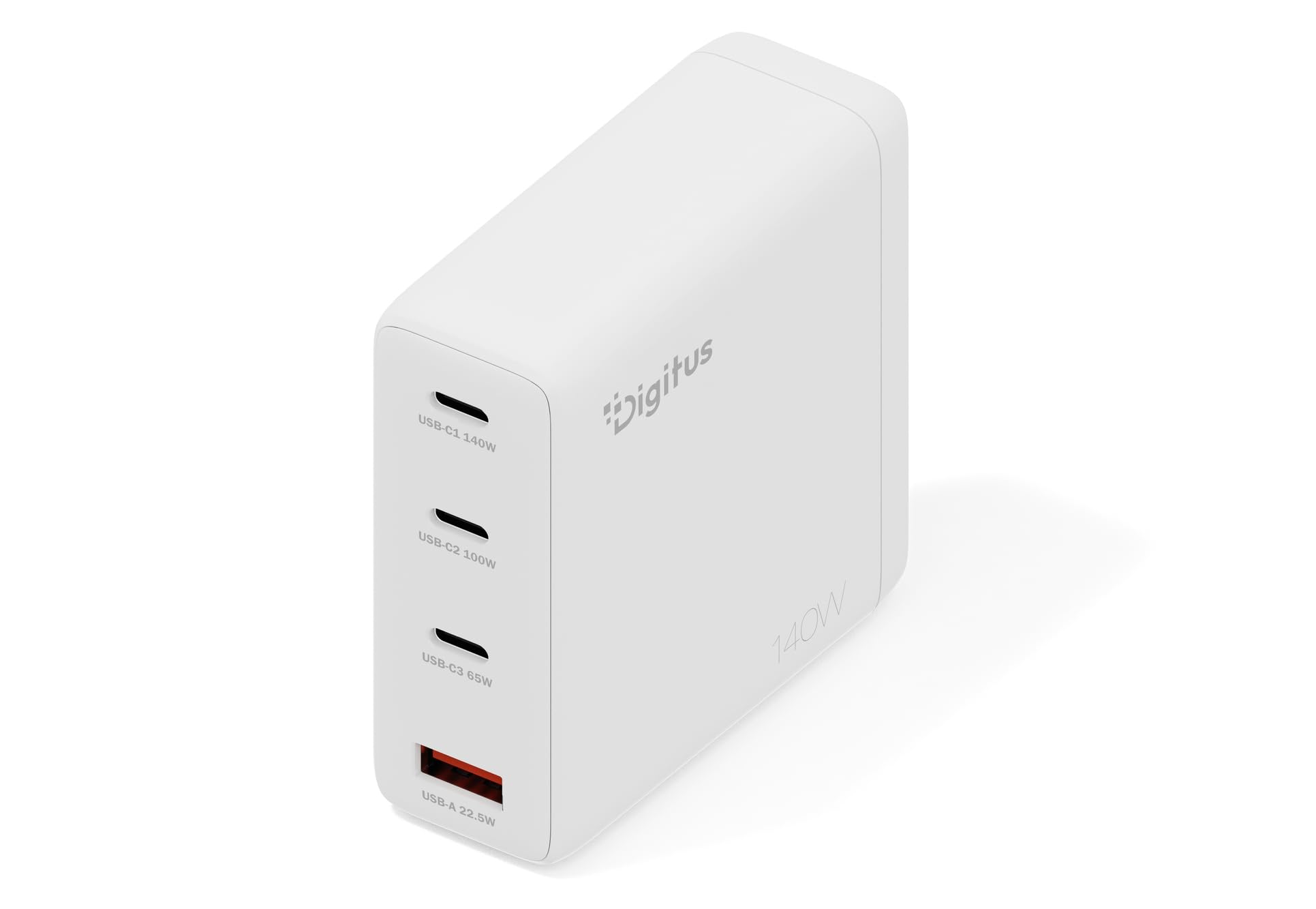 DIGITUS Caricabatterie USB-C GaN II – 3x USB-C e USB-A – 3 porte – fino a 140 W – Caricabatterie rapido – Adatto per laptop, cellulari, tablet, smartwatch, cuffie, powerbank – Bianco