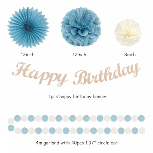Image of Dusty-Blue White Birthday Party-Decorations Paper-Flowers - 14pcs Happy Banner Boy Lanterns Tissue Pom Poms,Men Streamers Garland Fans Honeycomb,Baby Teen Male Kids Hanging Supplies Decor Hugfond