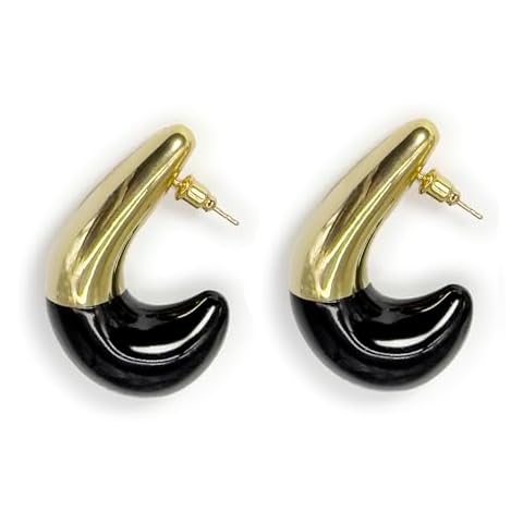 SinglinArt Chunky Earrings for Women Black Gold Enamel Fashion Jewelry Cover