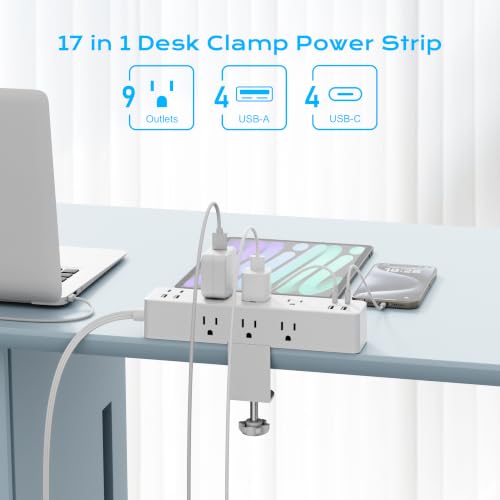 Image of Desk Clamp Power Strip 10FT, 40W Total Fast Charging Station | 9 AC Outlets 8 USB Ports(4 USB C),2 PD20W USB C Ports,Flat Plug Extension Cord,Desk Edge Mount, Fit 1.7 inch Tabletop Edge, White