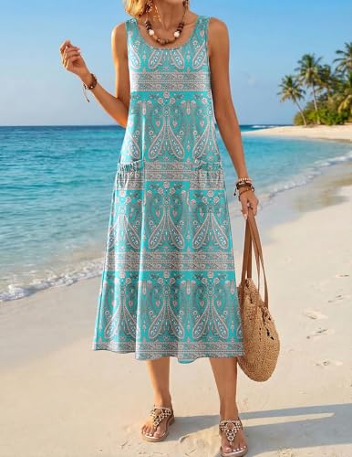 Image of Zeagoo Womens Summer Midi Dresses 2026 Casual Sleeveless Tank Sundresses A Line Crewneck Beach Vacation Dress with Pockets