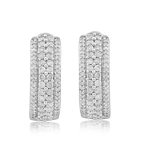 Jewelili Sterling Silver 1/2 Cttw Natural White Round Diamonds Hoop Earrings