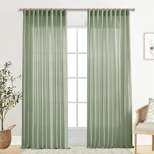 Image of XTMYI 70 Inches Wide Sage Green 96 Inches Long Country Curtains for Living Room,Sheer Linen Curtains for Bedroom