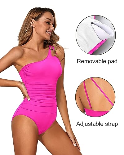 Image of Holipick One Shoulder One Piece Swimsuit for Women Tummy Control Bathing Suits Modest Full Coverage Keyhole Swimwear