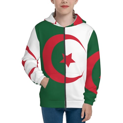 Flag of Algeria Print Girls Athletic Zip Up Hoodies,Sweatshirts with Pockets Long Sleeve Hooded Jackets, for 7-18 Y2