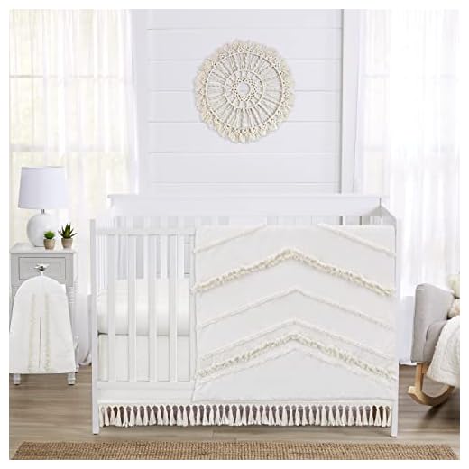Sweet Jojo Designs Ivory Gender Neutral Boho Bohemian Baby Girl Boy Nursery Crib Bedding Set - 4pc - Solid Color Beige Cream Off White Farmhouse Chic Unisex Minimalist Tassel Fringe Macrame Cotton
