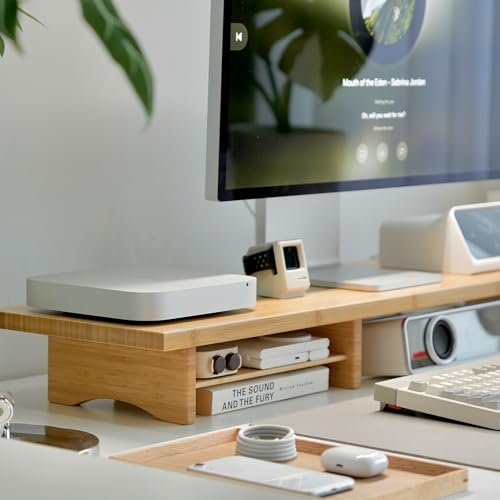 Image of Bamboo Dual Monitor Stand Riser Natural, 2-Tier Desk Monitor Riser for 2 Monitors, Supports for PC Computer Monitor, Printer, Heavy TV Riser up to 300 lbs