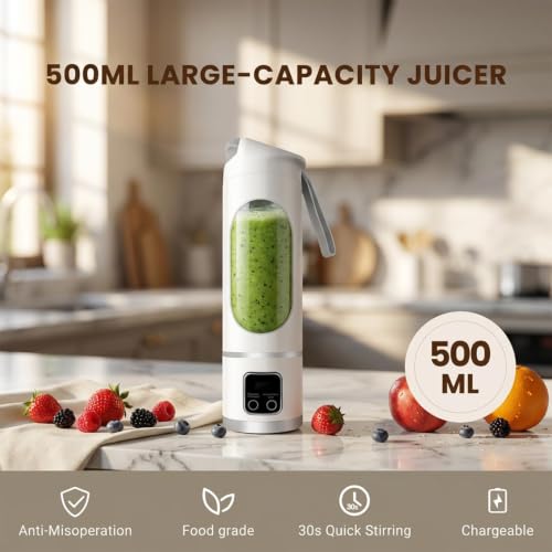 Image of Lilogi 500ML Portable Smoothie‑Maker Cup,12‑Blade USB‑C Rechargeable Juicer with LED Display, Travel‑Sized Drink Mixer for Kitchen,Office,Gym & Outdoor Activities (white)