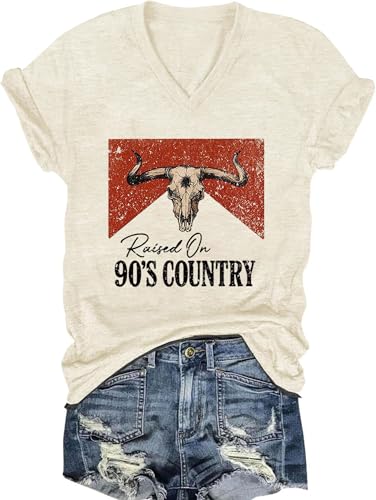 Raised on 90' Couttry Shirt Women Vintage Country Music V-Neck Tops Cow Skull Graphic Tee Country Concert T Shirt Tops(Apricot1-XXL)