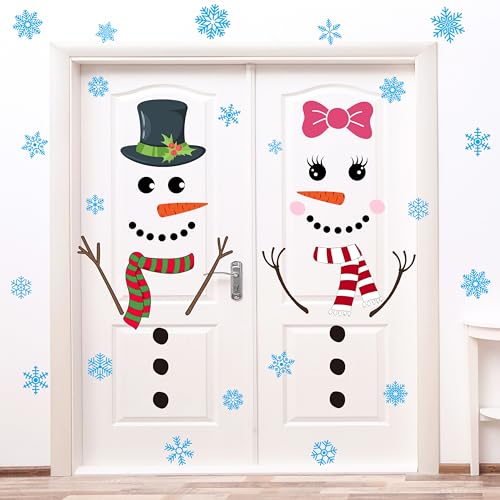 4 Sheets Christmas Snowman Door Stickers Christmas Door Stickers Decor Large Snowman Face Stickers with Snowflake Decals for Winter Door Window Refrigerator Decorations