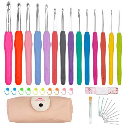 Lestiven 14 Pzs Crochet de Aluminio Coloridas Kit, Ganchillo con Accesorios Ganchillo y Bolsa Portátil 14 Tamaños, Agujas Crochet con TPR Suave Antideslizante Mangos de apto para Principiantes