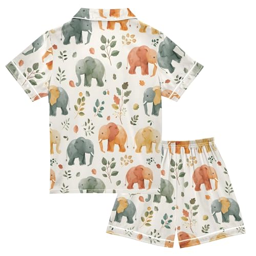 ALAZA Elephant Leaves Watercolor Satin Pajamas Set Short Sleeve Button Down Sleepwear Summer Pjs 2 Piece2