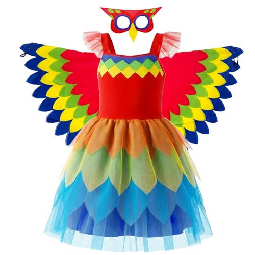 IKALI Papagei Kostüm für Kinder Mädchen Buntes Vogel Kleid mit Flügel-Umhang Maske Ara Verkleidung für Fasching Karneval 4-12 Jahre