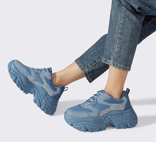 K KIP WOK Chunky Sneakers for Women Fashion Platform Rhinestone White Leather Casual Dad Shoes Comfortable Wedge Walking Sport Sneakers(Blue Rhinestone,8) by K KIP WOK - Used condition - Image 9