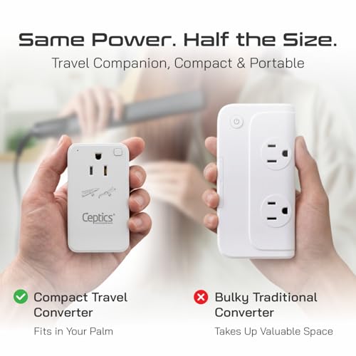 Image of Ceptics 200W Step Down Voltage Converter - 220v to 110v Voltage Converter for Curling Iron, Straightener, Charger - USB-A & C Fast Charging - Type C Power Cord with A, G, I, E /F Plugs Included