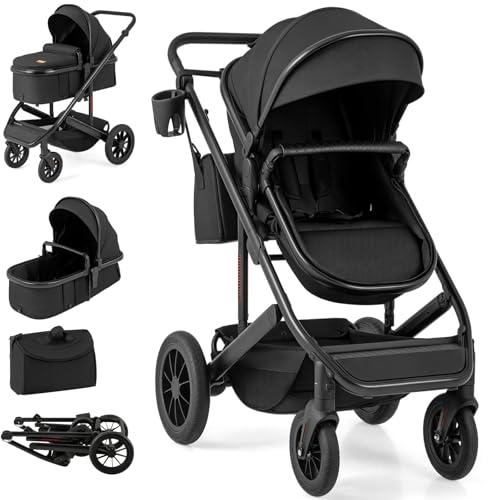 Maxmass Baby Pushchair, 3-in-1 Foldable Infant Stroller with Reversible Seat, Detachable Bassinet, Diaper Bag, Adjustable Canopy & Handle, Newborn Travel Buggy for 0-3 Years Old (Black)