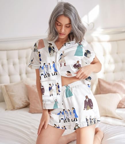 Image of Women 2PCs Satin Pajama Set Short Sleeve Silk Feel Gift Sleepwear | Soft stretch satin; relaxed comfort fit sizes S-3XL for sleep & lounge; short sleeve top, elastic waist shorts; easy care