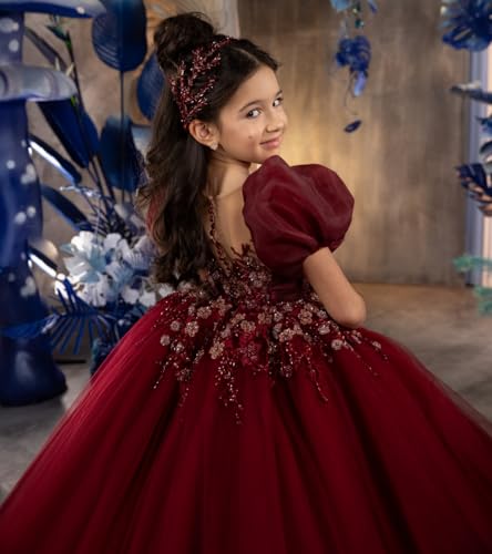Burgundy Girls Pageant Dress Cap Sleeves Flower Girl Dress for Wedding Puffy Prom Ball Gowns for Kids3