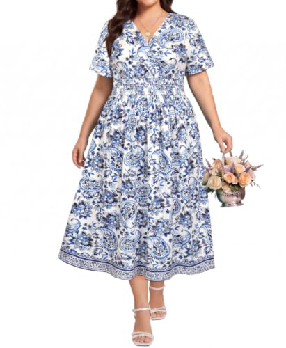 Image of CARCOS Plus Size Dresses for Curvy Women V Neck Summer Maxi Dress Short Sleeve Floral Boho Dress Smocked Waist Beach Dress