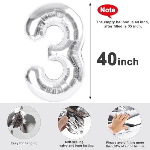 Image of 3 Balloon Numbers Birthday Decorations, 40In Silver Balloons for Men Women | Eye-catching Appearance, Perfect Decorative Centerpieces, Convenient Self-sealing Structure, Widely for Various Occasions