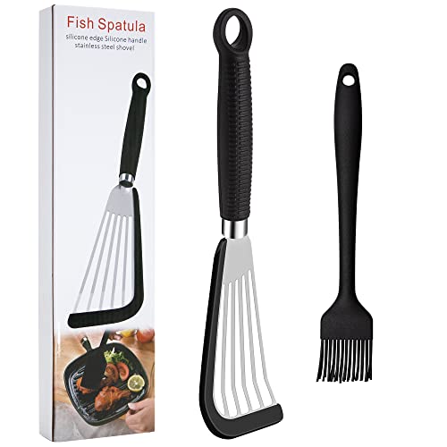 Fish Spatula, Silicone Edge Stainless Slotted Steel Fish Turner Cooking Spatula For Nonstick Cookware Pans, Bpa Free Heat Resistant Kitchen Thin Edge Fish Flipper Spatula For Grill Dishwasher Safe #TOP6