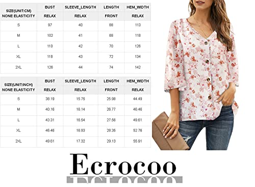 Ecrocoo Womens Summer 3/4 Bell Sleeve V Neck Blouses Lady Girls Boho Printting Button Down Tops Fashion Loose Casual Shirts For Work Office Vacation,Pink M #TOP3