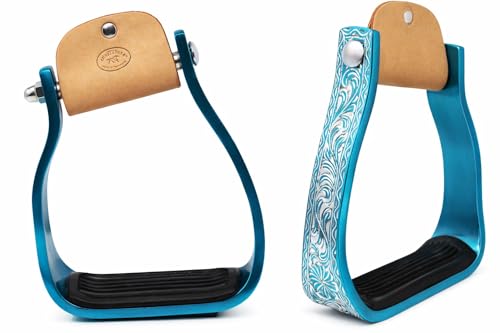CHALLENGER Horse Western 5" Barrel Racer Turquoise Engraved Aluminum Angled Show Stirrups 51140TR