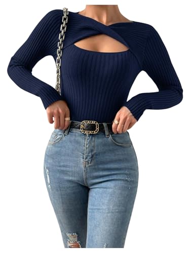 SHENHE Women's Ribbed Sweater Pullover Sexy Cut Out Twist Keyhole Knit Fitted Sweater Top