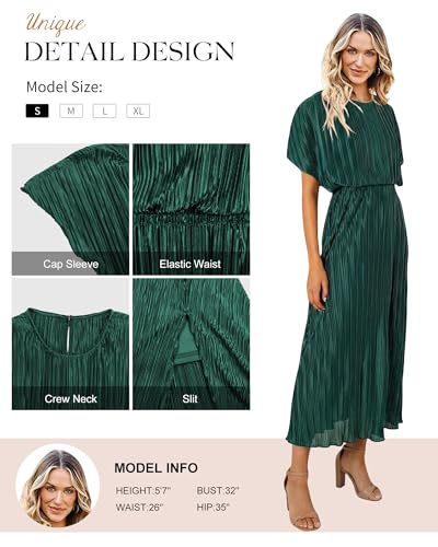 Image of ECOWISH Women Maxi Dresses Cocktail Party Wedding Guest Formal Pleated Long Dress Short Sleeve Slit Empire Waist Evening Gown