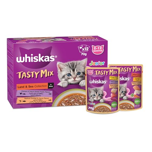 Whiskas Junior Tasty Mix Land and Sea Collection in Gravy Pack of 12x70g Wet Cat Food For Kittens Aged 2 to 12 Months