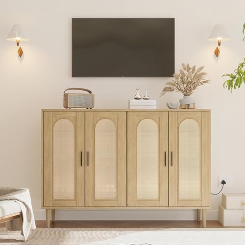 Patikuin Rattan Sideboard Buffet Cabinet, Boho Accent Storage Cabinet, 4 Doors Console Table Coffee Bar with Power Outlet, Adjustable Shelves for Kitchen, Dining Room, Hallway, Living Room (Wood_1) — view 5