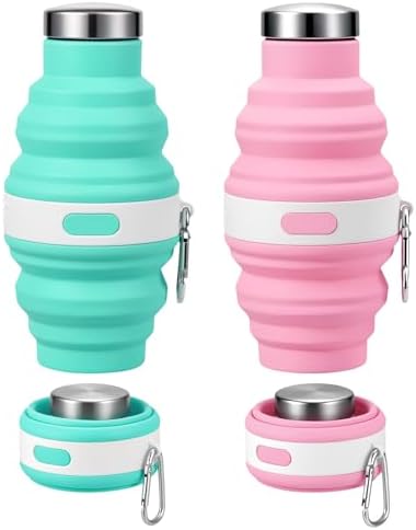 2 Piezas Vaso Plegable, Botella Plegable en Silicona Estanca Portátil, Libre de BPA con Mosquetón 475ml, Botella Running Ideal para Camping Senderismo Viaje Deportes (Rosa, Azul)