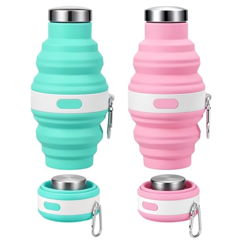 Huiguli 2 Piezas Vaso Plegable, Botella Plegable en Silicona Estanca Portátil, Libre de BPA con Mosquetón 475ml, Botella Running Ideal para Camping Senderismo Viaje Deportes (Rosa, Azul)